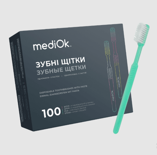  Зображення Одноразова зубна щітка з пастою MediOk (зелена) 