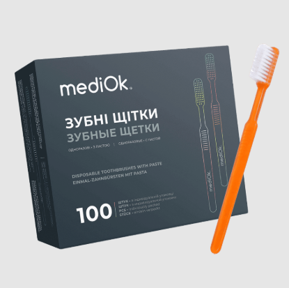 Зображення Одноразова зубна щітка з пастою MediOk (помаранчева) 