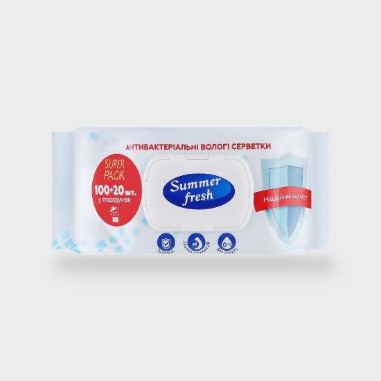  Зображення Салфетка волога Summer Fresh Antibacterial 120шт(з клапаном) 